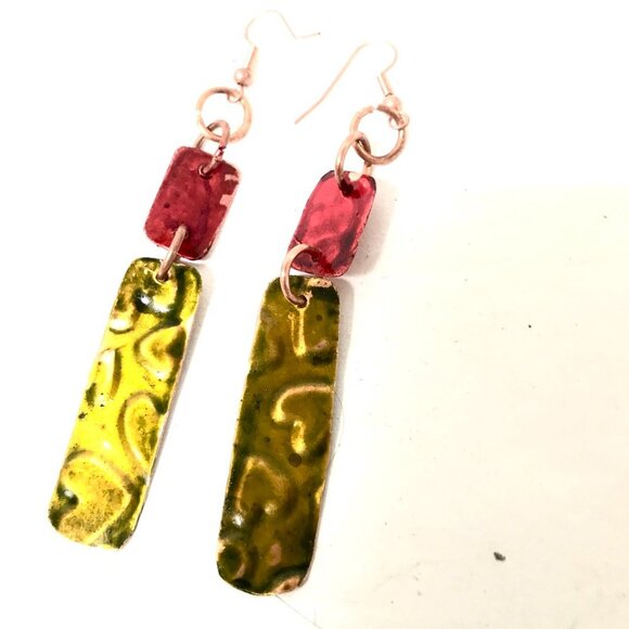 Green Red Pure Hand Painted Solid Copper Dangle Earrings Boho Christmas Gift - Picture 3 of 13